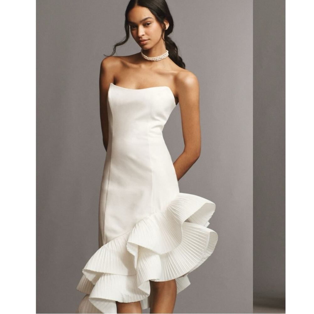 BHLDN‎ Anthropologie Flamenco Hem Asymmetrical White Fitted Midi Dress*